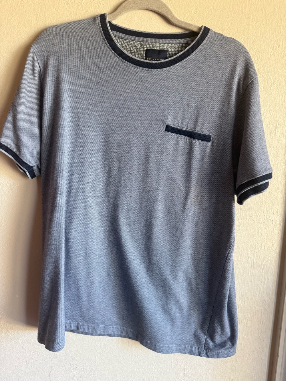 Denim & Flower Men's Short-Sleeve Crewneck Tee in Heather Gray with Navy Trim XL